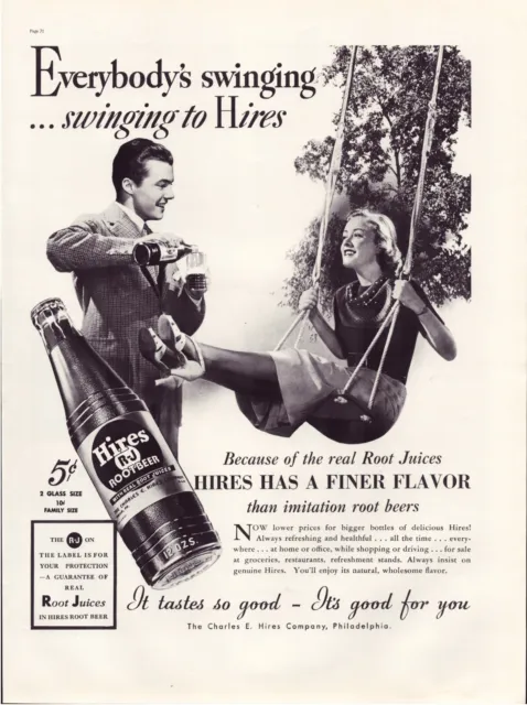 Print Ad Hire Root Beer 1937 Tree Swing Full Page Large Magazine 10.5"x13.5"