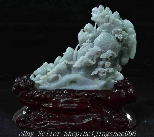 12" Chinese Natural Emerald Jade jadeite Carved Mountain Tree House Statue