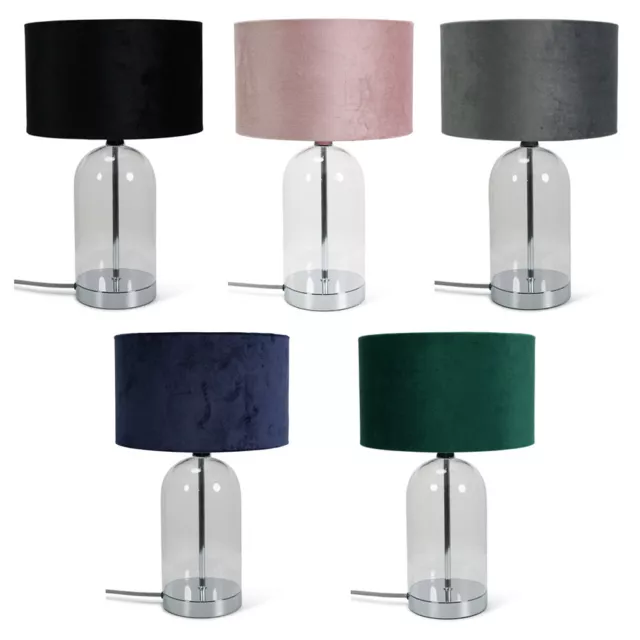 Glass Table Lamp Chrome Base Living Room Bedroom Light Velvet Lampshade Shade