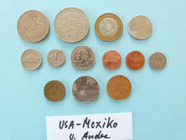 Münzen Konvolut, USA, Mexiko, u.weit. Staaten, 13 Stück, Erhalt. gutes ss.-vzgl.