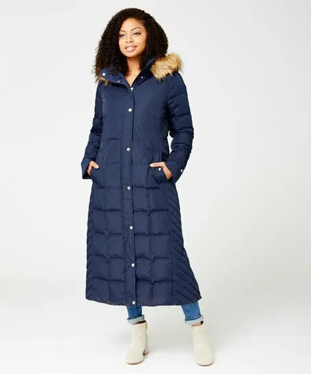 TOMMY HILFIGER Women's Maxi Puffer Hooded Coat Faux Fur Trim Navy Blue Size L