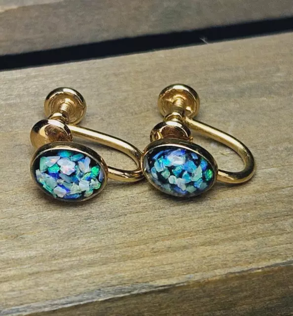 VTG Signed Van Dell Real Fiery Opal Chips Blue Gold Filled Screw Earrings