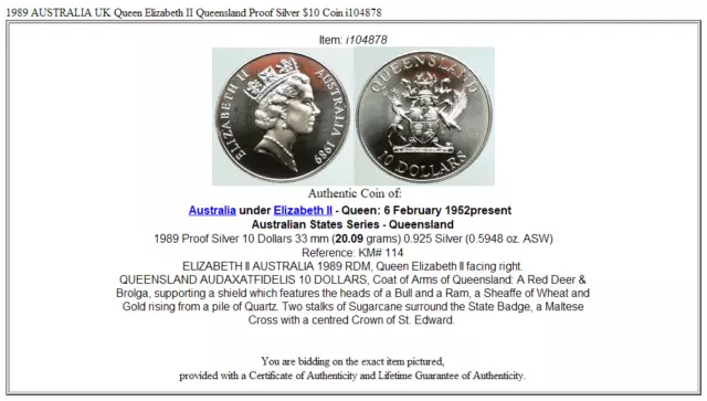 1989 AUSTRALIA UK Queen Elizabeth II Queensland Proof Silver $10 Coin i104878 3