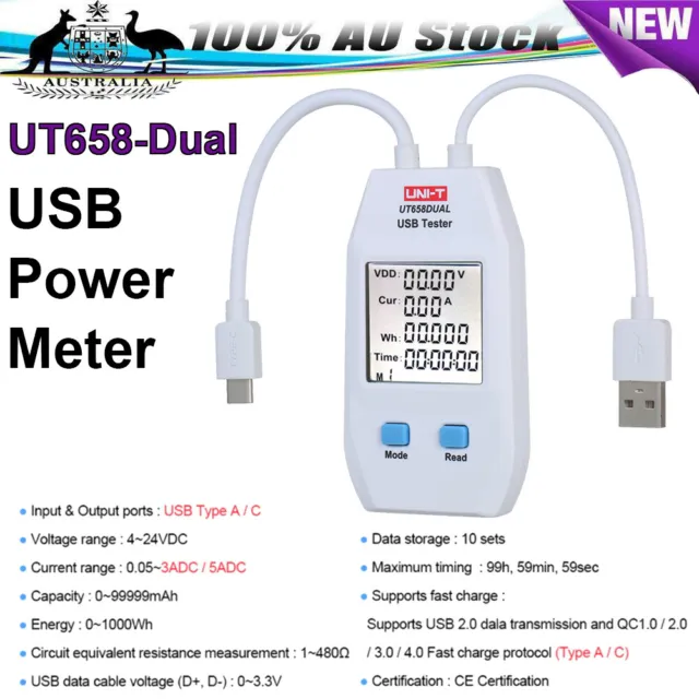 UNI-T USB Power Meter UT658-Dual Voltmeter Ammeter Digital Power Capacity Tester