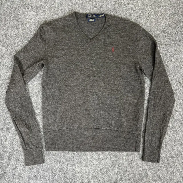 Polo Ralph Lauren Merino Wool Sweater Mens Large Grey Custom Fit V Neck Adult