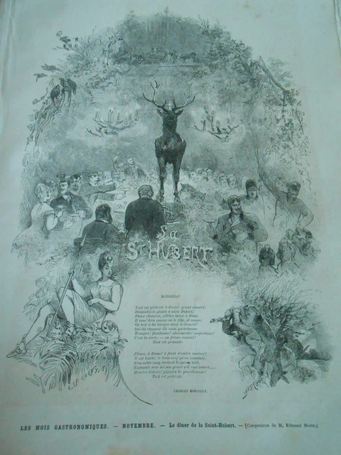Gravure 1877 - Les mois gastronomiques Novembre le diner de la Saint Hubert