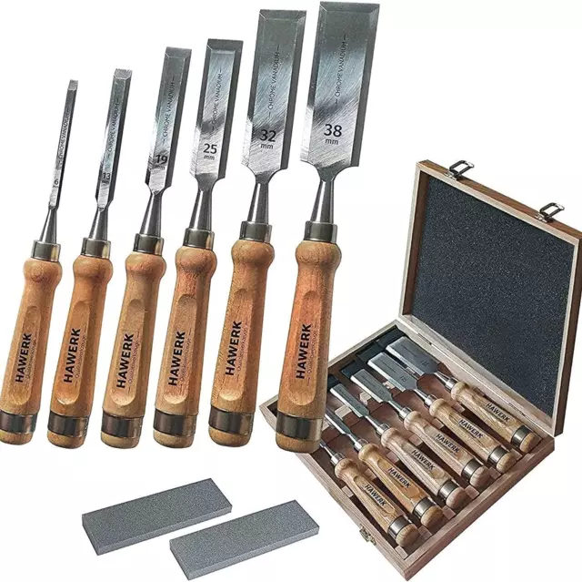 HAWERK Wood Chisel Set - Wood Carving Chisels with Premium Wooden Case - 6 pcs &