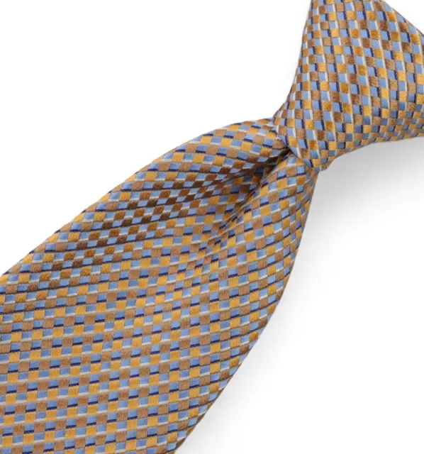 CHARVET PLACE VENDOME Silk Necktie Tie Gold Tan Blue Woven Micro Checks ...