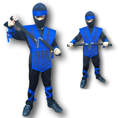 Ragazzi Ninja Costume Blu Kombat Guerriero Samurai Bambino Bambini Vestito