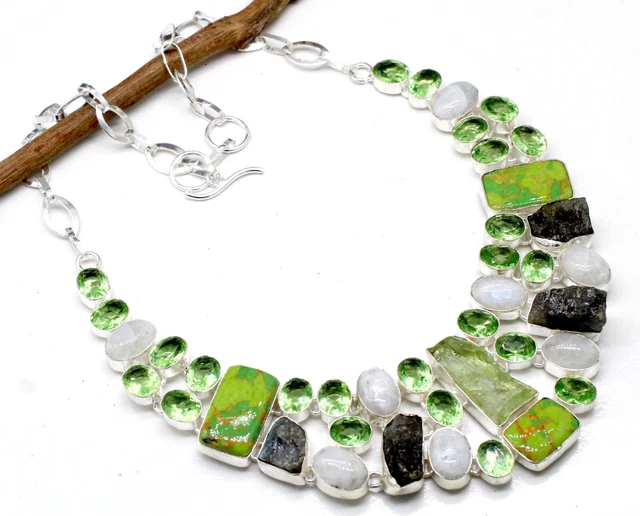 925 Sterling Silver Green Turquoise & Amethyst Gemstone Jewelry Necklace S-17-18