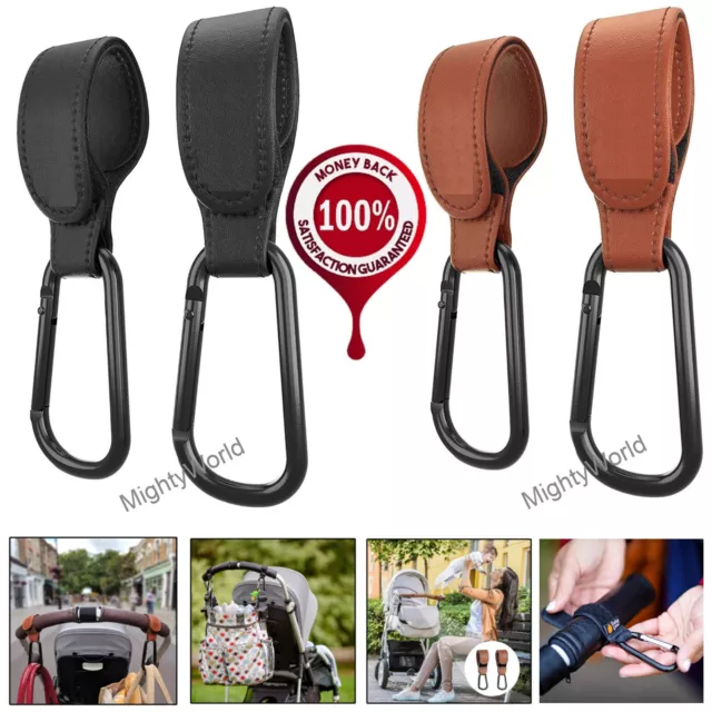 Premium Leather Style Buggy Mummy Clips For Pram Stroller Hook Strap 2Pack