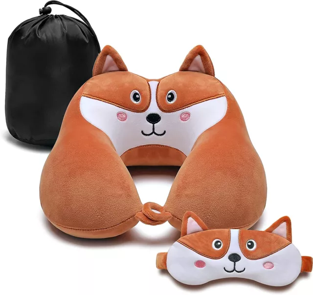 Travel Neck Pillow for Kids Cute Puppy Memory Foam with Soft Cover Eye Mask Set