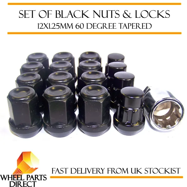 Black Wheel Nuts & Locks (12+4) 12x1.25 Bolts for Nissan NV200 09-16