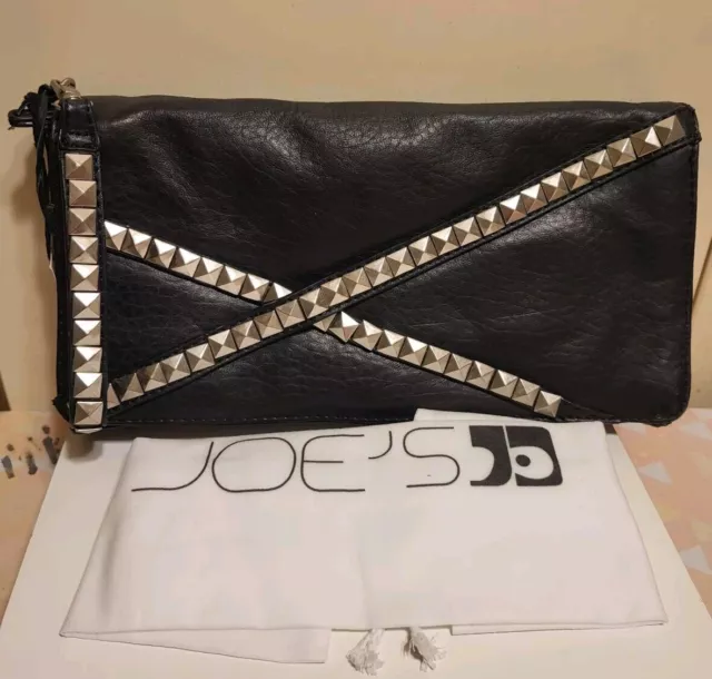 NWT Joe's Jeans Blck Leather Studded 3 Compartment Clutch Bag Ret $150 w/Dustbag