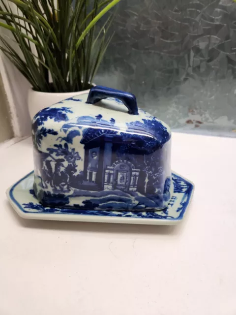 Large Vintage Victoria Ware Ironstone Flow Blue Covered Cheese Dish