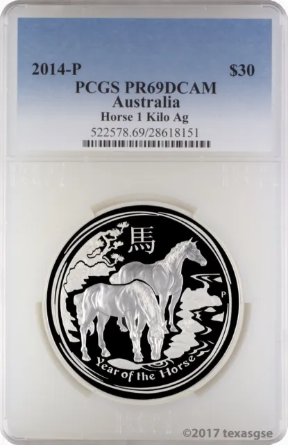 2014 P $30 Perth Mint Year of the Horse .999 Silver 1 Kilo Coin PCGS PR69DCAM