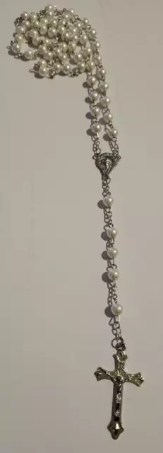 ROSARY Religious Glass Pearl 59 Bead Silver Crucifix Cross Signed Italy 20"