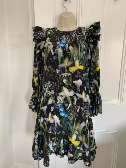 Alexander McQueen Cold Shoulder Silk Photo Print Floral Dress.  IT 42, UK 10