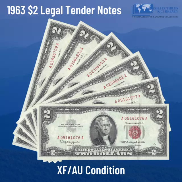 ✔ One 1963 Red Seal $2 Dollar Legal Tender Notes, XF/AU, Old Us Two Dollar Bill