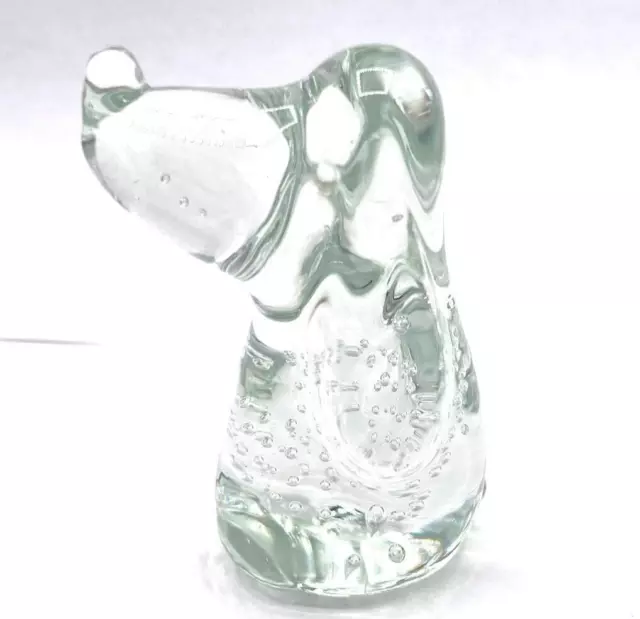 Vintage Basset Hound Dog Figurine Crystal Clear Glass Paperweight Bubbles 4 Inch