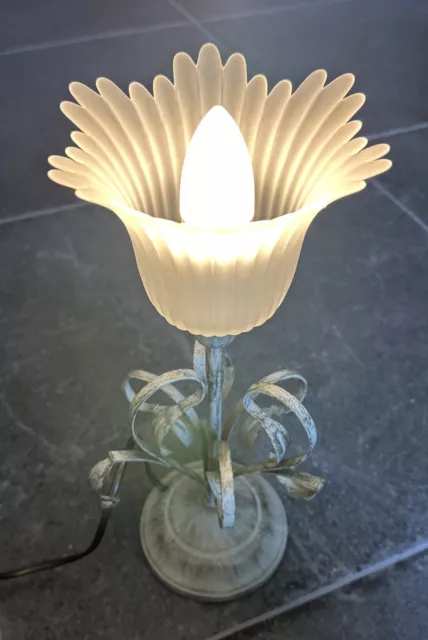 Vintage Allders Table Lamp With Flower Glass Shade And Metal Base