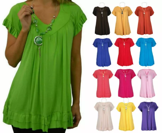 Womens Frill Necklace Gypsy Plus Size Ladies Short Sleeve Long V Neck Tunic Tops