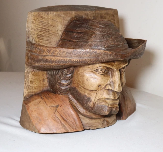 dense antique hand carved Folk Art figural man wooden sculpture statue bust