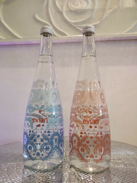 Set 2 Evian Christian Lacroix Limited Edition Sealed Glass Bottle Pink & Blue