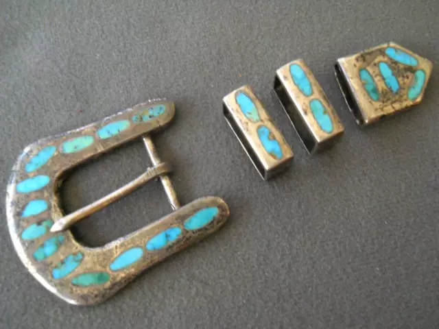 Native American Zuni Turquoise Inlay Sterling Silver Belt Buckle Ranger Set