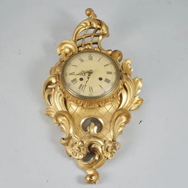 Antique Cartel Wall Clock Rococo carved wood gilding 20th century.