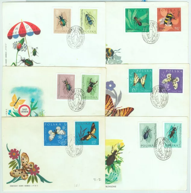 67504 - POLAND - Postal History - set of 6 FDC COVER 1961 -  INSECTS Butterflies