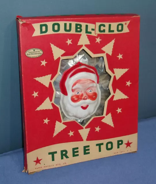 1950'S  Doubl-Glo Celluloid Santa Face Foil Star Tree Topper - Paper Novelty Co.