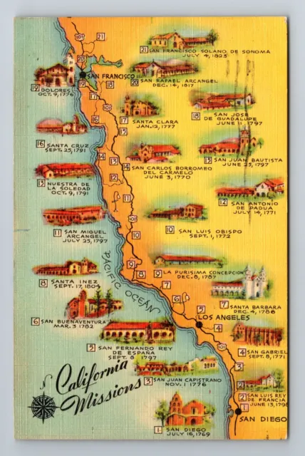 CA-California, Scenic Map Of Landmarks, Antique, Vintage c1948 Postcard