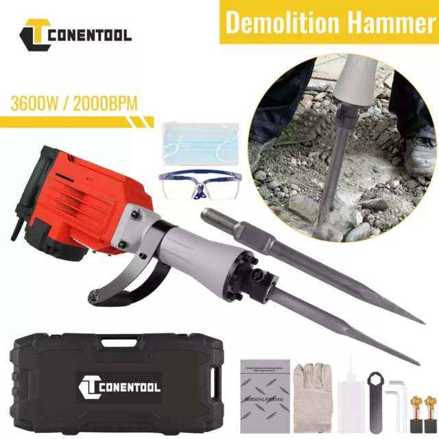 240v Electric Demolition Jack Hammer Drill Concrete Breaker +Case 2 Chisel 3600w