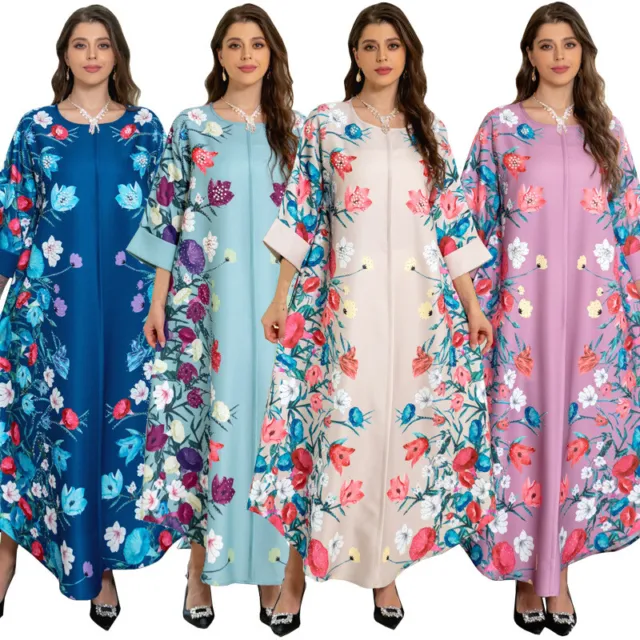 Moroccan Dress Women Floral Print Long Kaftan Muslim Clothing Dubai Long Sleeve