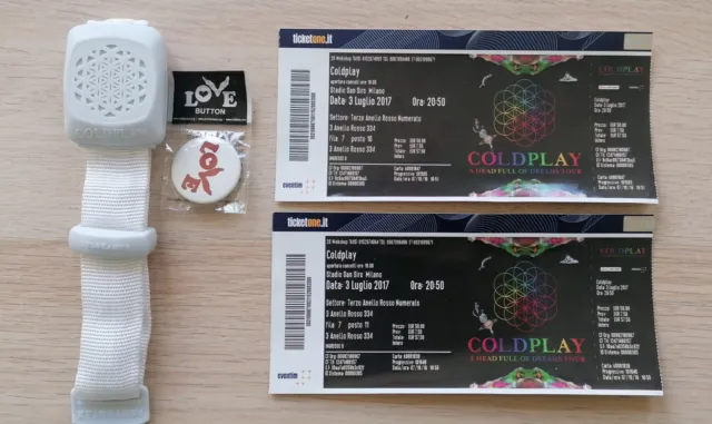 Coldplay AHFOD Tour 2017 2x concert tickets, xylobands & love button pin