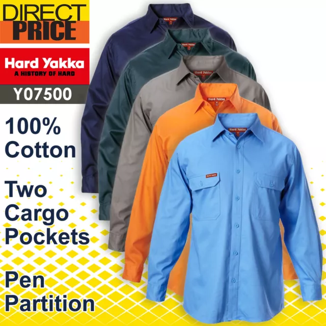 Hard Yakka Work Shirt Foundations Cotton Drill Long Sleeve Shirts Y07500 NEW