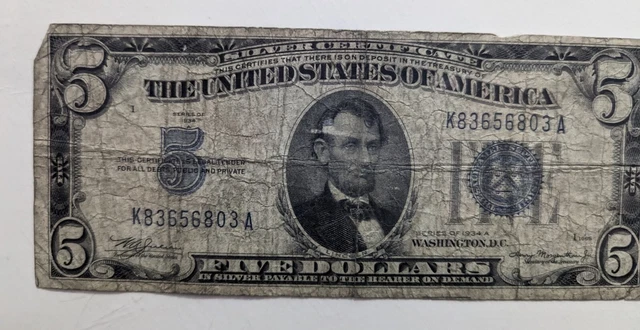 1934 A 5 Five Dollar Note Bill Silver Certificate Blue Seal