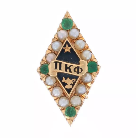 Yellow Gold Pi Kappa Phi Badge - 14k Emerald Cultured Pearl Fraternity Pin