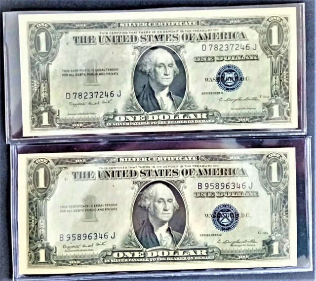 2 $1.00 1935G Silver Certificates blue seal, one with MOTTO, Choice Crisp