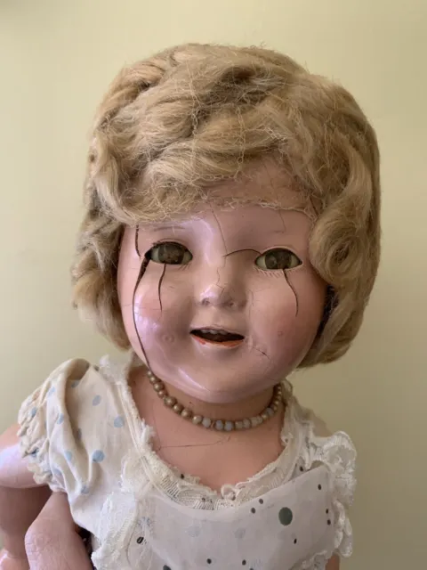 RARE Distressed Vintage 1930s SHIRLEY TEMPLE DOLL 18" dress hair necklace