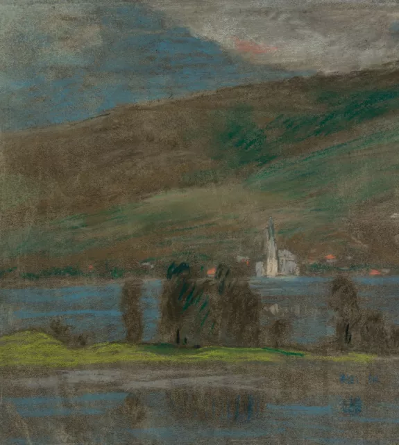S. WENBAN (1848-1897), Uferlandschaft mit Ortschaft, Pastell Moderne Landschaft 2