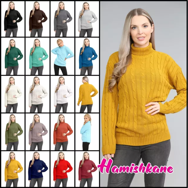 Polo High Neck Jumper Womens Cable Knitted Ladies Long Sleeve Sweater Pullover