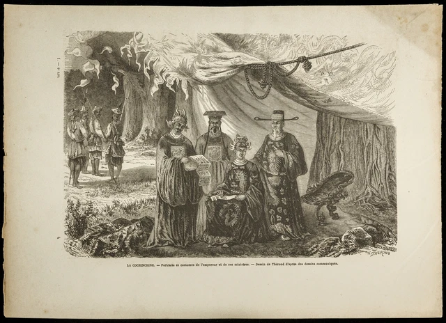 Gravure de 1860 - La Cochinchine - Portraits et costumes de l'Empereur