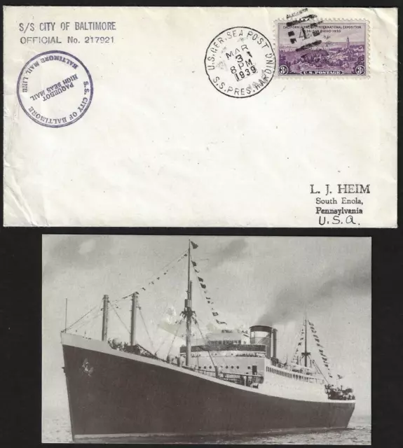 Us 1939 Germany Seapost Cancel Ss President Harding W/Official S/S City Of Balti