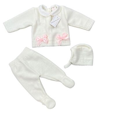 Newborn Baby Baby Girls White & Pink Spanish Portuguese Knitted 3 Piece Outfit