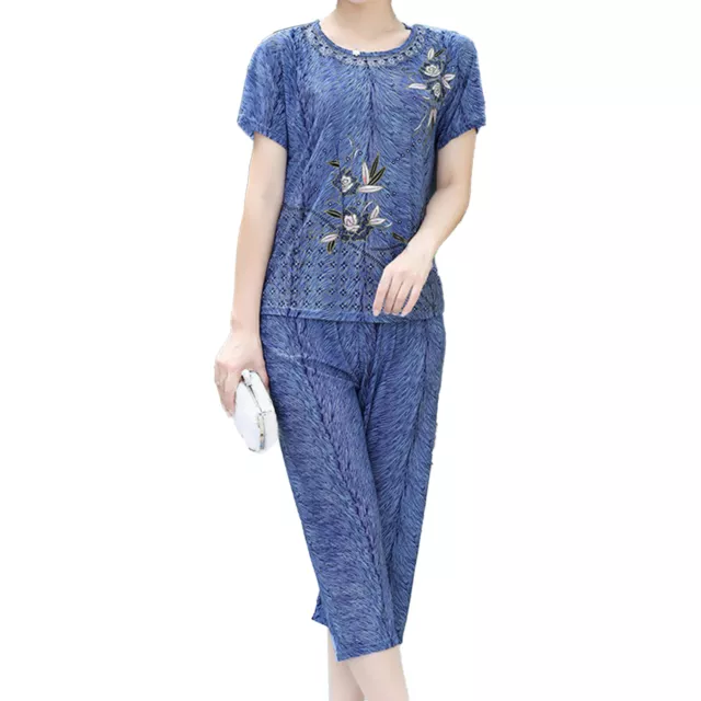 Women Pajamas Thin Comfortable Floral Print Top Pants Outfit Set Breathable