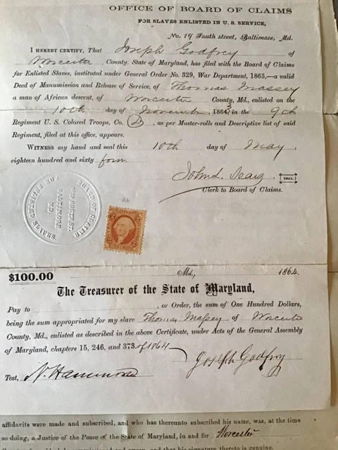 1864 Maryland Board of Claims Ex-Slave Enlisted in U.S. Service -Colored Trooops