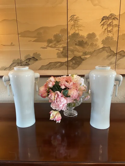 Vintage Caledon Porcelain Chinese Elephant Handle Vase Pair 13.5” 2