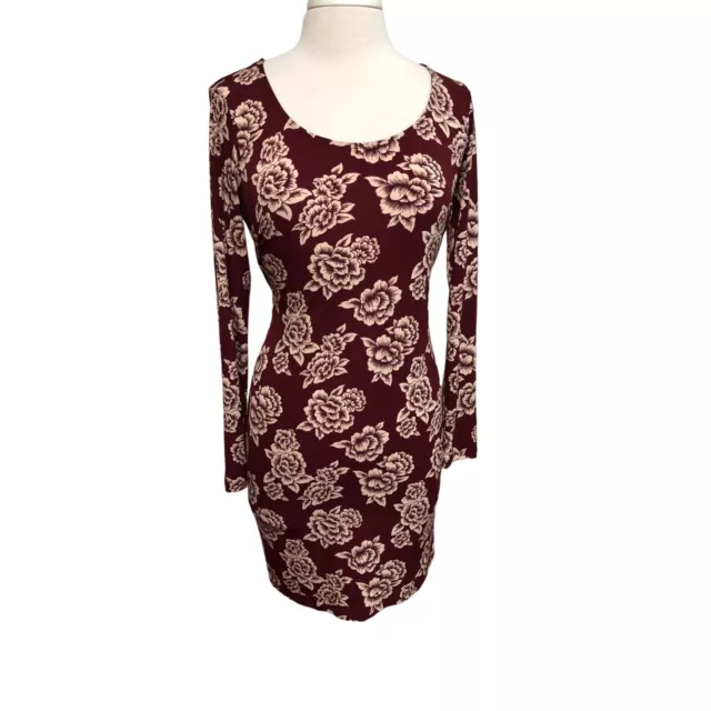 Forever 21 burgundy floral long sleeve cutout waist dress L